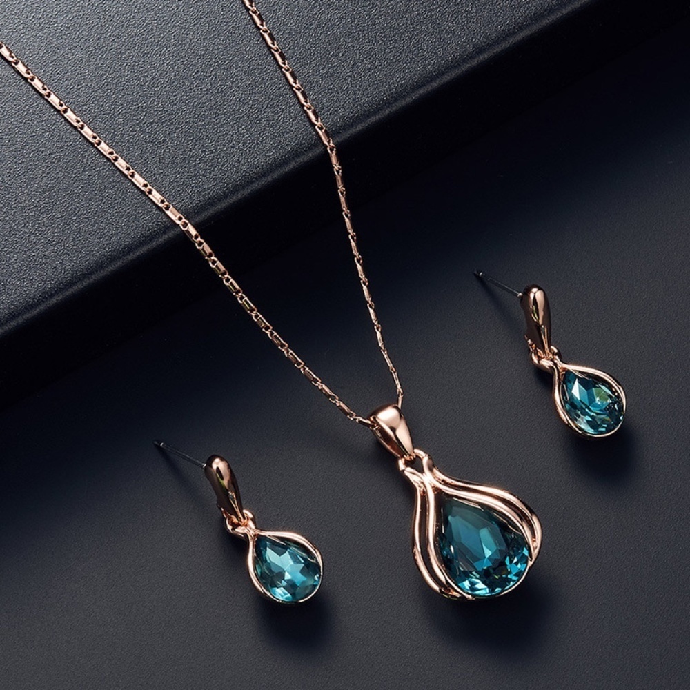 *ZANE* 3-Pc Rose Gold Blue Pendant Fashion Jewelry Set